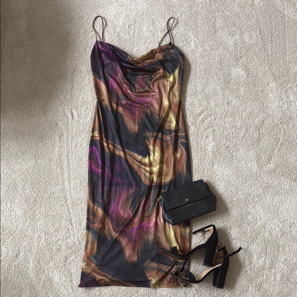 NWT Showpo Rhaine Cowl Bodycon Midi Dress in Royal Swirl